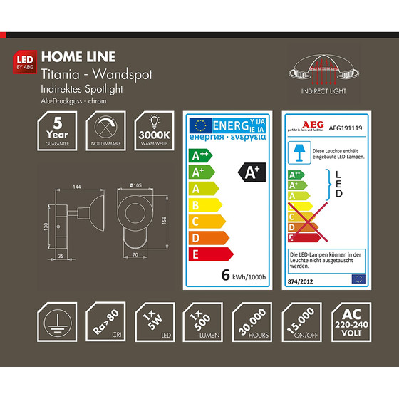 AEG 191119 TITANIA LED Strahler Spot 1x5W 500lm Chrom Alu...