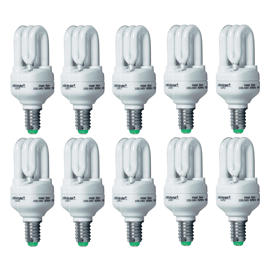 10er Set Megaman MM80808 Energiesparlampe Liliput Röhre 8W=40W E14 Wa