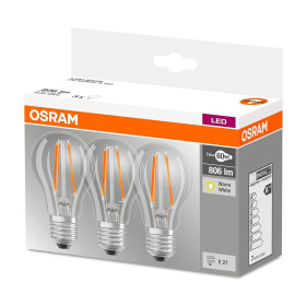 3er Set Osram LED Base Classic A60 Filament E27 7W=60W Glühbirne Warmweiß 2700K