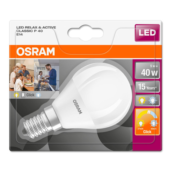 Osram LED Relax & Active Tropfen Lampe E14 5W=40W Warmweiß Clickdimm 2700-4000K