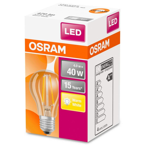 Osram LED Classic A40 Filament Lampe E27 Leuchtmittel 4W=40W Warmweiß klar