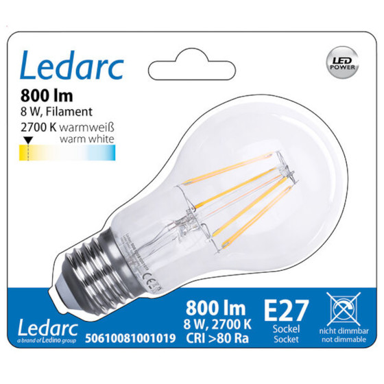 10 x Ledarc LED Filament A60 Lampe E27 Leuchtmittel 8W=60W Warmwei klar