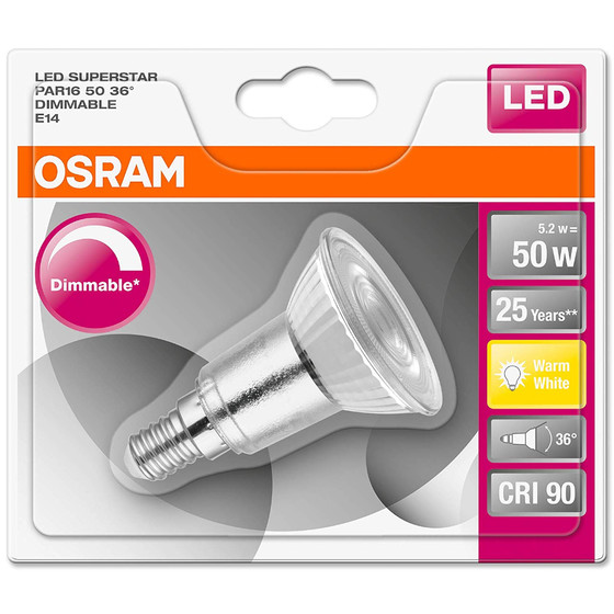 Osram LED Reflektor Lampe Star Par16 E14 Leuchtmittel 5,2W=50W Warmweiß matt 36°