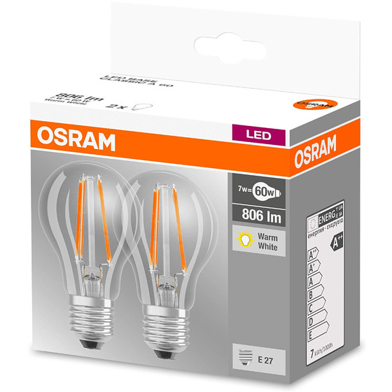 2x Osram LED Base Classic A60 Filament Lampe E27 Leuchtmittel 7W=60W Warmweiß klar