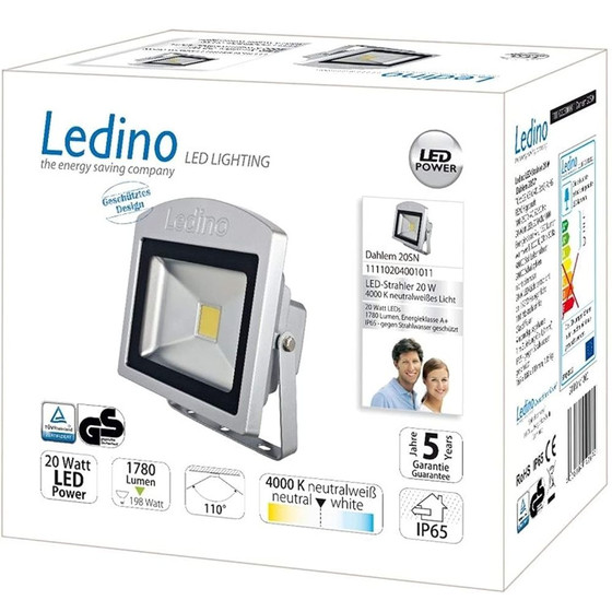 Ledino LED Dahlem 20SN Wandstrahler Außenleuchte 20W Silber IP65 Neutralweiss inkl. Leuchtmittel
