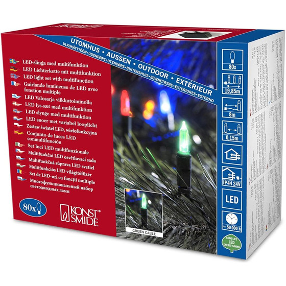 Konstsmide 6021-500 LED Minilichterkette 80 bunte Dioden Außentrafo 8 Funktionen